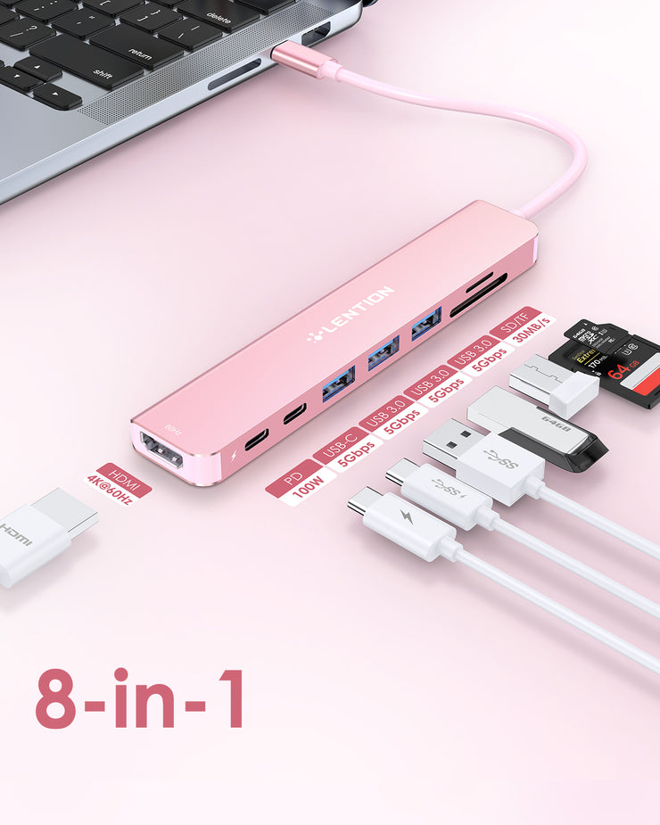 LENTION 8-in-1 USB-C Hub with 4K 60Hz HDMI, 100W Power Delivery, 5Gbps USB C Data, 3 USB 3.0 and microSD & SD Card Reader (CB-CE18s)
