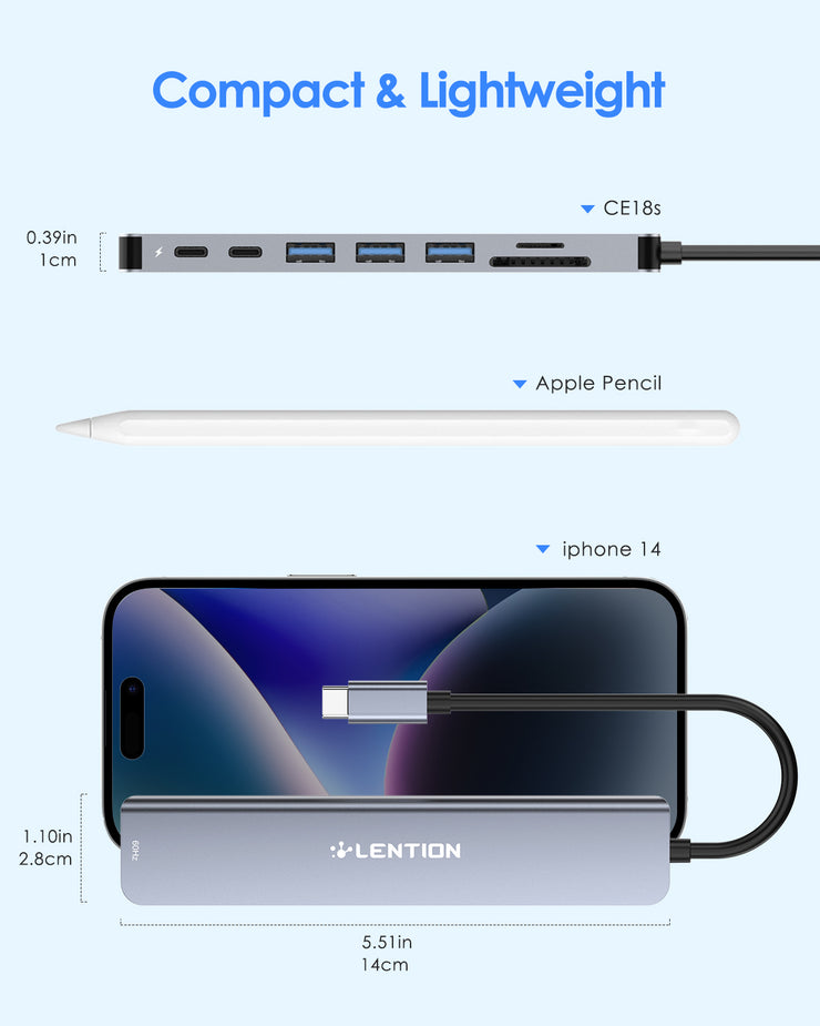 LENTION 8-in-1 USB-C Hub with 4K 60Hz HDMI, 100W Power Delivery, 5Gbps USB C Data, 3 USB 3.0 and microSD & SD Card Reader (CB-CE18s)