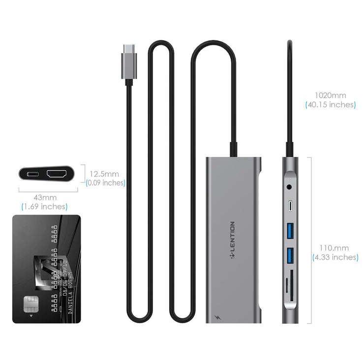 LENTION 3.3ft Long Cable USB C Hub-Space gray/Silver