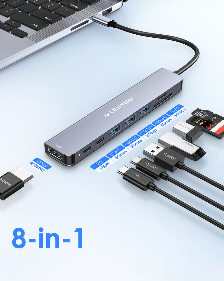 LENTION 8-in-1 USB-C Hub with 4K 60Hz HDMI, 100W Power Delivery, 5Gbps USB C Data, 3 USB 3.0 and microSD & SD Card Reader (CB-CE18s)