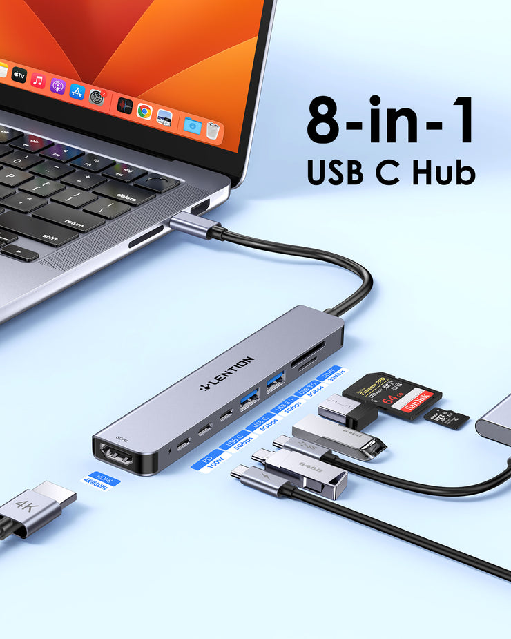 LENTION USB C Hub with 4K@60Hz HDMI, 5Gbps Data Transfer with 2 USB C and 2 USB 3.0, PD 100W, Dual Card Reader Adapter (CB-CE19)
