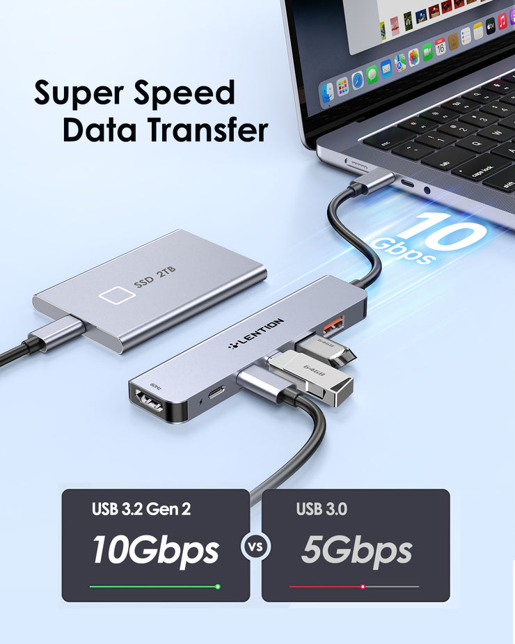 LENTION USB C Hub with 4K@60Hz HDMI, 2 USB C and 2 USB 3.2 Gen2 Transfer Data in 10Gbps Max, 100W PD Charging(CB-CE37)
