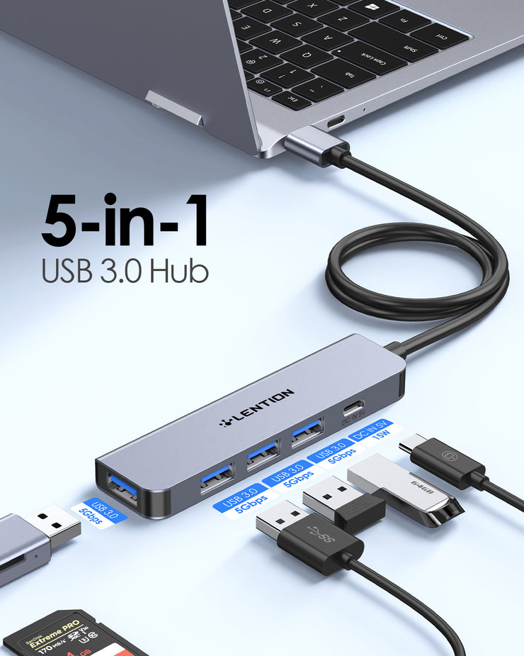 LENTION USB Hub 3.0 Splitter with 2ft Long Cable, 4 USB 3.0 Port & Type C Power Supply, Multi Port USB-A Adapter (CB-HE32)