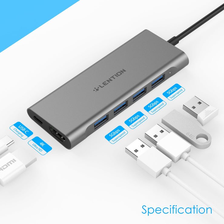 Lention.com: Long Cable USB-C Multi-Port Hub with 4K HDMI Output, 4 USB 3.0, Type C Charging Adapter