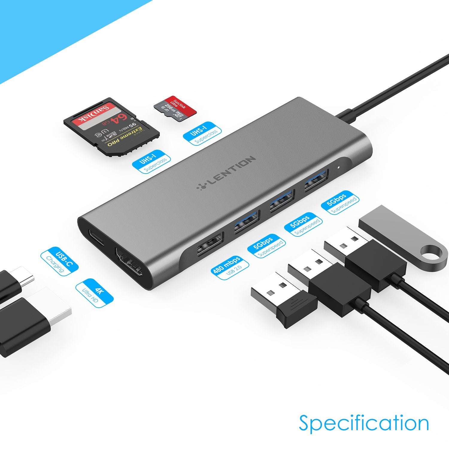 Aazon.co: LENTION USB-C Ulti-Port Hub With 4K HDI Output, 4 USB 3.0