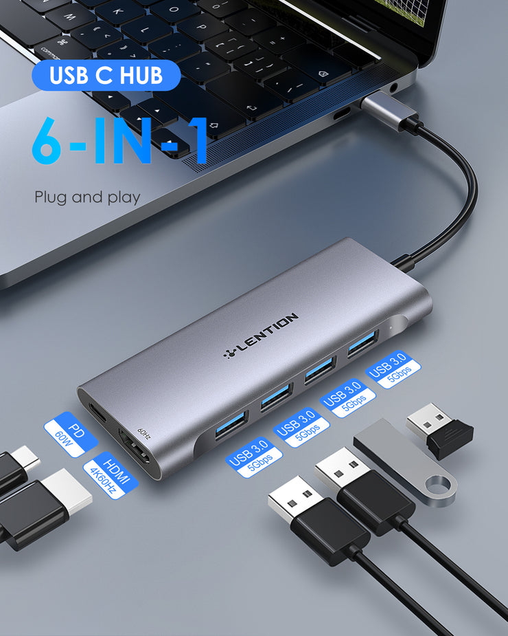 LENTION USB C Hub with 4K HDMI Output(4K@60Hz), 4 USB 3.0, Type C Charging Dongle (CB-C35sH)