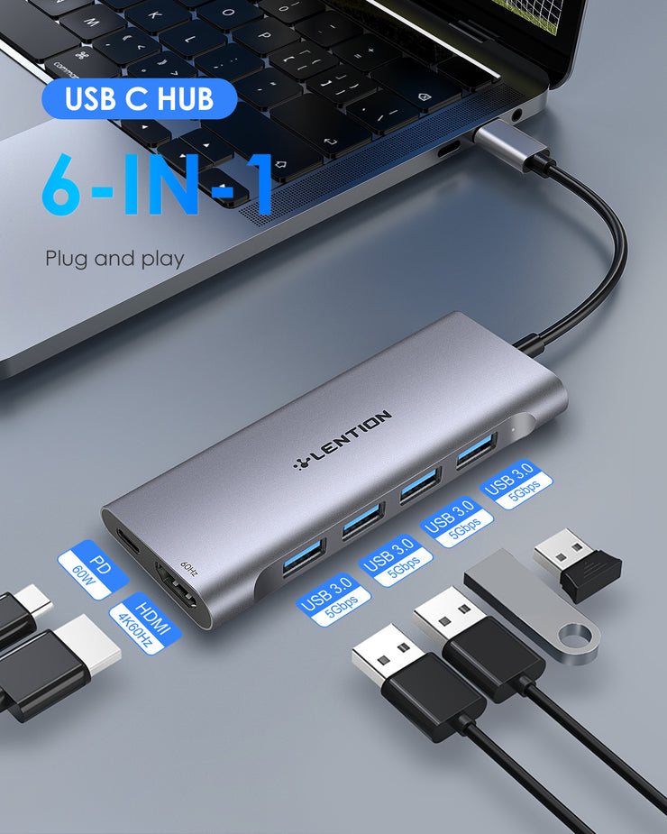 LENTION USB C Hub with 4K HDMI Output(4K@60Hz), 4 USB 3.0, Type C Charging Dongle (CB-C35sH)