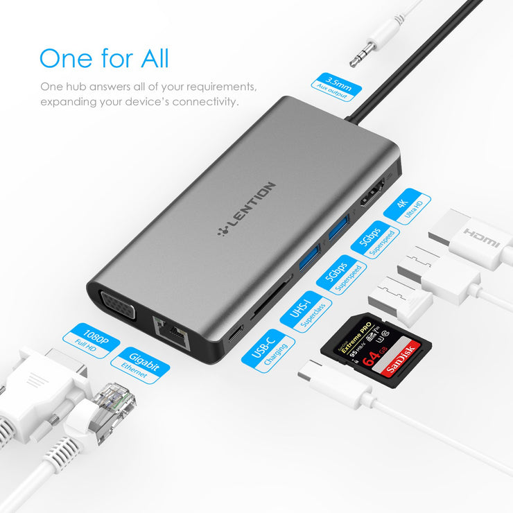 LENTION USB C Gigabit Ethernet Hub with VGA, HDMI, 3.5mm, SD Reader and More (CB-C73) (US/UK Warehouses in Stock)