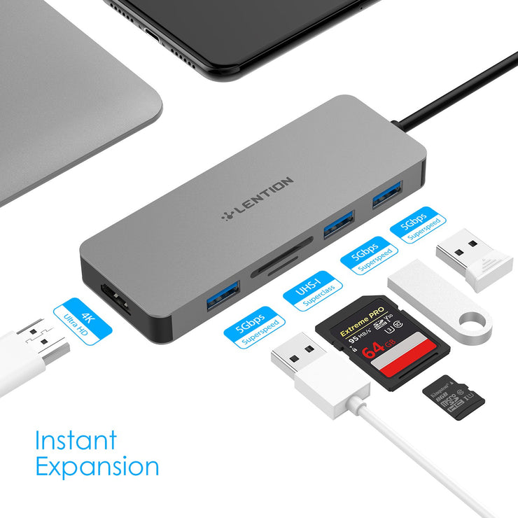 LENTION USB C Hub with 4K HDMI, 3 USB 3.0, SD/Micro SD Card Reader, MacBook Pro 2019 2018 2017 2016 / MacBook Air 2019 2018 / MacBook 12 / New iMac / iMac Pro  - $32.99-  Lention.com