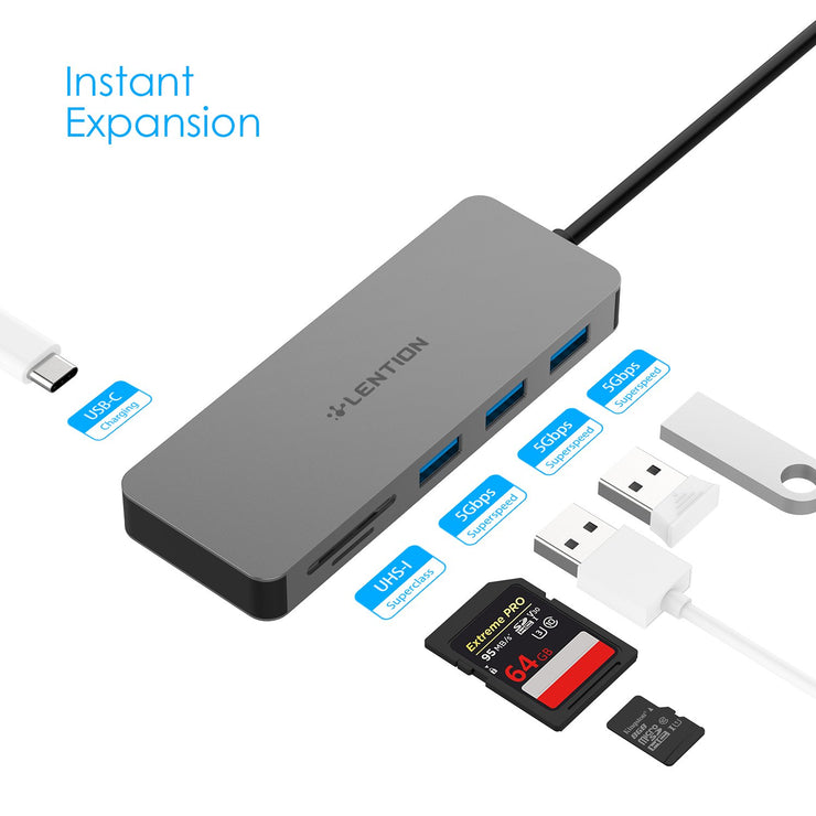 LENTION USB C Hub with 3 USB 3.0, SD/Micro SD Reader and Charging Port - Space gray/Rose gold/Silver - Laptop USB C Hub | Lention.com