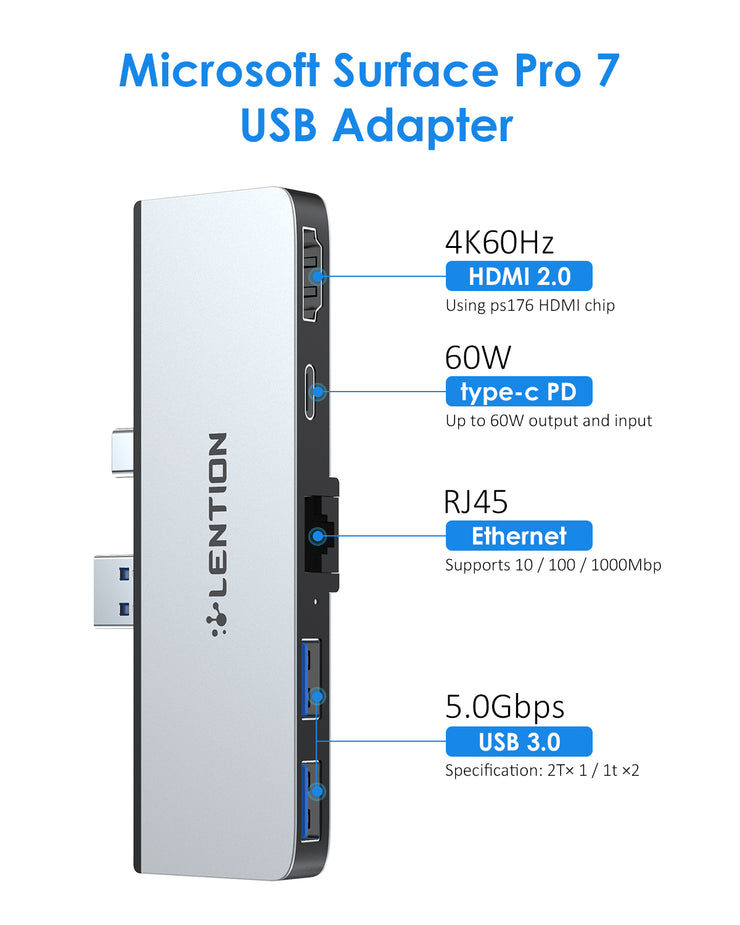 LENTION 5-in-1 USB C Hub for Surface Pro 7 Only, with 4K/60Hz HDMI, 2 USB 3.0, 60W Type C Charging Multi-Port Adapter,Silver/Black(CB-CS35)|Lention.com