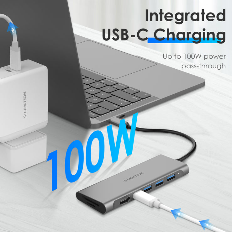  LENTION USB C Hub with 100W Charging, 4K HDMI, Dual Card  Reader, USB 3.0 & 2.0 Compatible 2023-2016 MacBook Pro, New Mac  Air/Surface, Chromebook, More, Stable Driver Adapter (CB-CE18, Space Gray) 