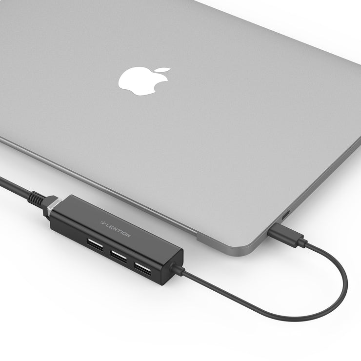 LENTION USB C to 3 USB 2.0 Ports Hub with 100M Ethernet LAN Adapter - Black/White | Lention.com