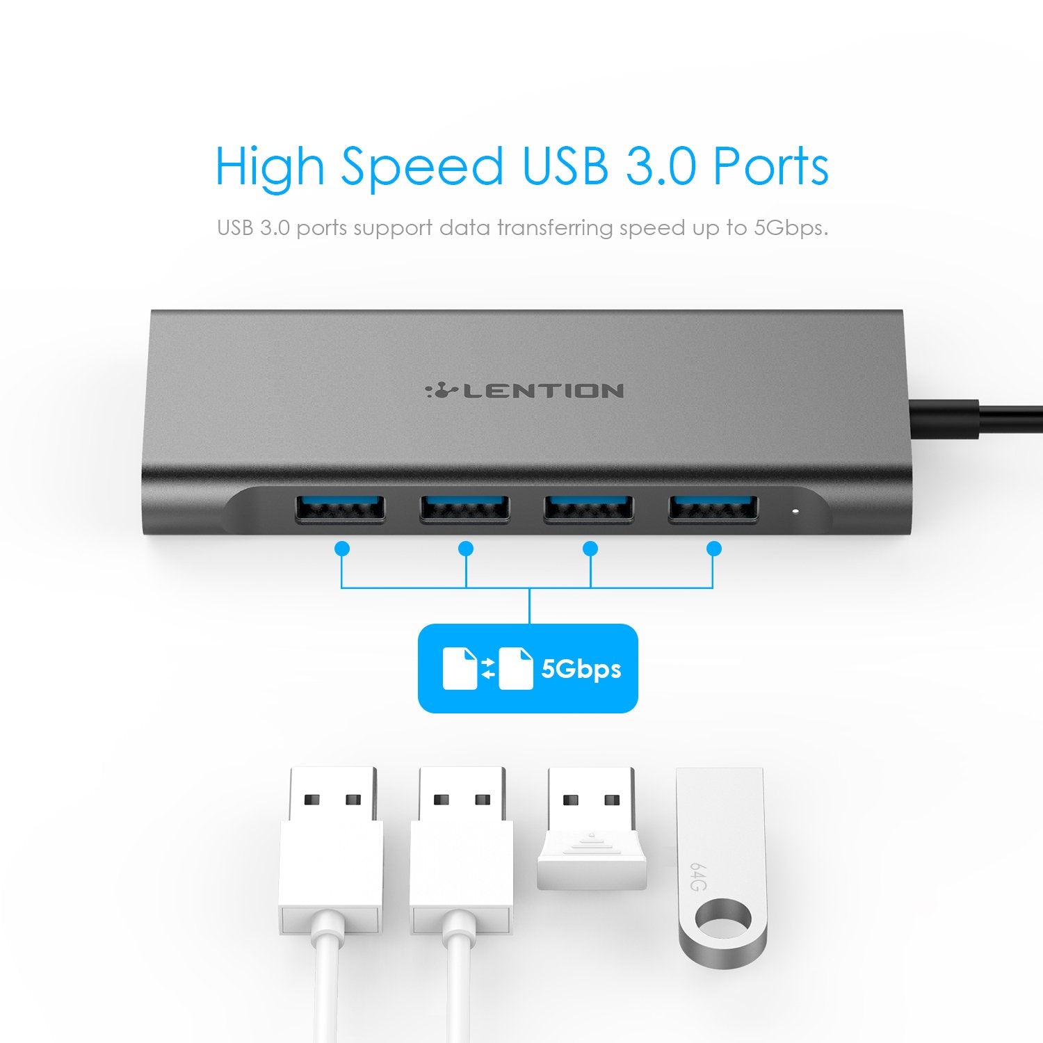 LENTION 3ft Long Cable USB 3.0 Hub with 4 USB 3.0 Ports (H11-1M)