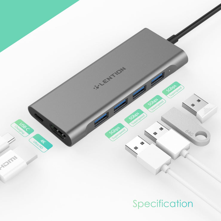 LENTION 6 in 1 Long Cable USB-C Hub with 4K HDMI, 4 USB 3.0, and PD (CB-C35H)