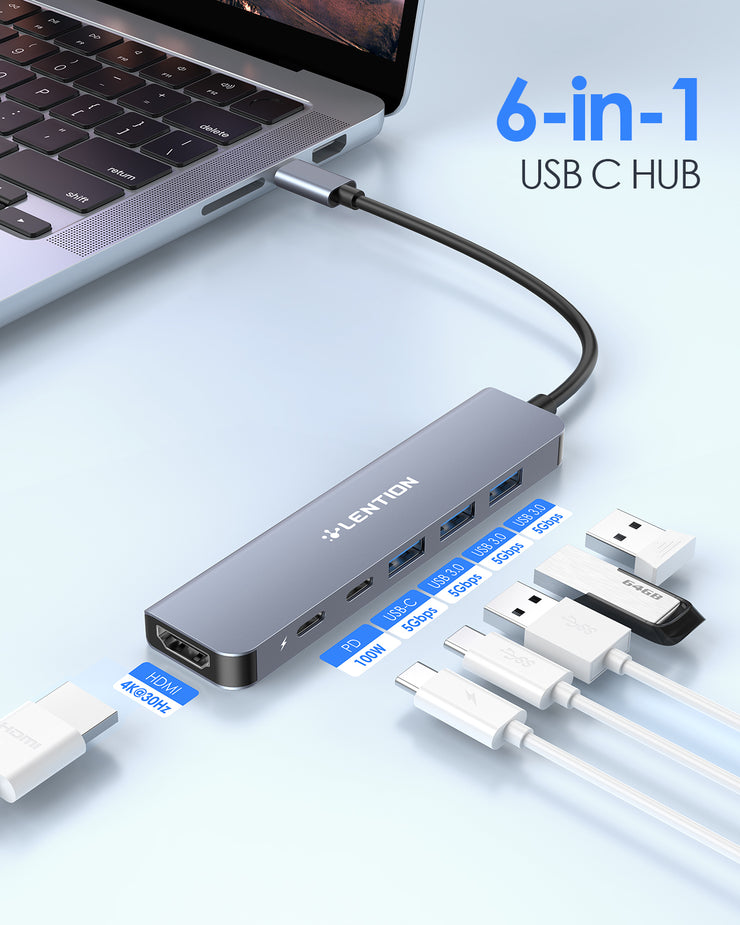 LENTION USB C Hub, 6 in 1 USB C to USB Adapter, USB C Multiport Dongle with 4K HDMI, USB C Data Port, USB 3.0, 100W PD (CB-CE35s)