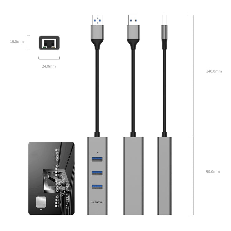 LENTION USB-A to 3 USB 3.0 10cm/0.5m Hub with Gigabit Ethernet LAN Adapter (CB-H23s)