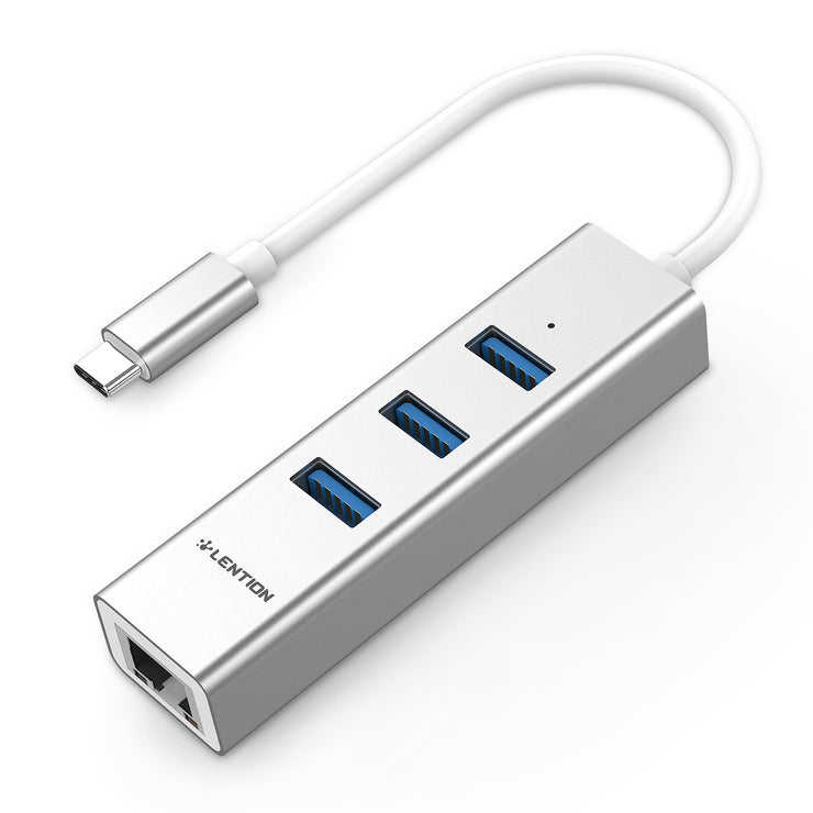 LENTION USB-C to 3 USB 3.0 Ultra Slim Hub with Gigabit Ethernet LAN Adapter - ($23.99, Space gray/Silver) -USB C Hub | Lention