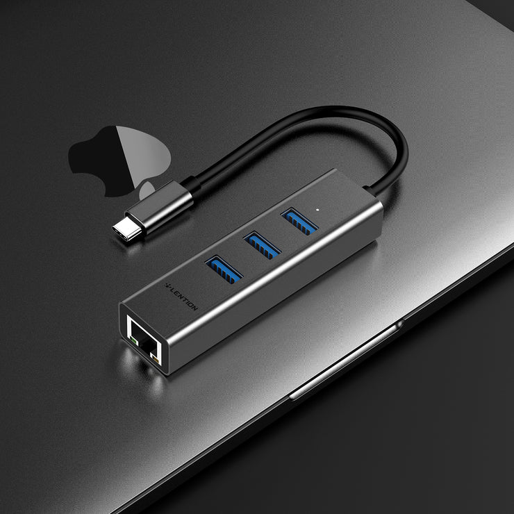 LENTION USB-C to 3 USB 3.0 Ultra Slim Hub with Gigabit Ethernet LAN Adapter  - ($23.99, Space Gray/Silver) | Lention.com