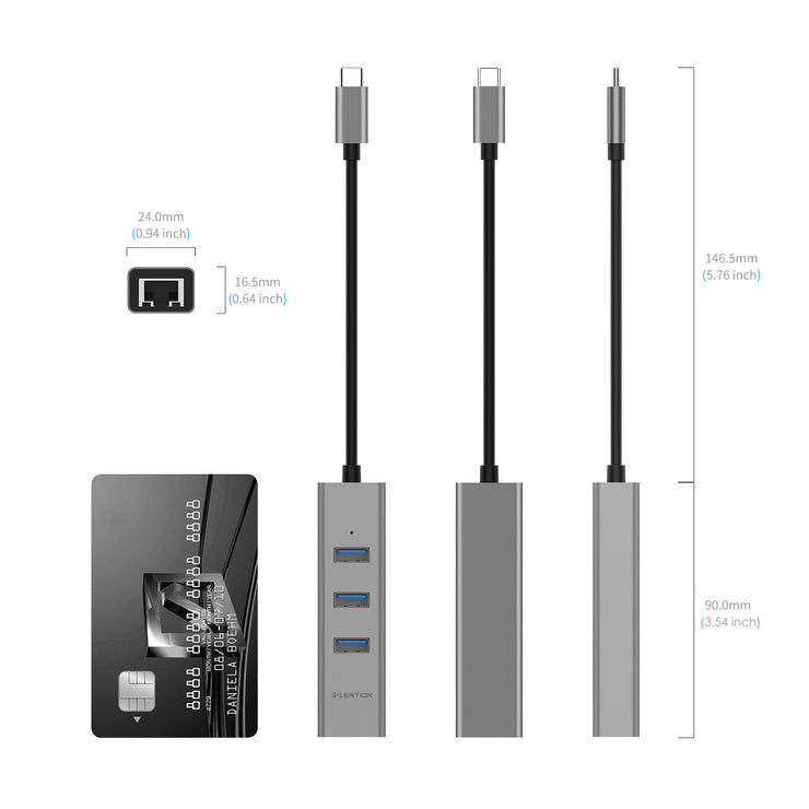 LENTION USB-C to 3 USB 3.0 Ultra Slim Hub with Gigabit Ethernet LAN Adapter - ($23.99, Space gray/Silver) -USB C Hub | Lention