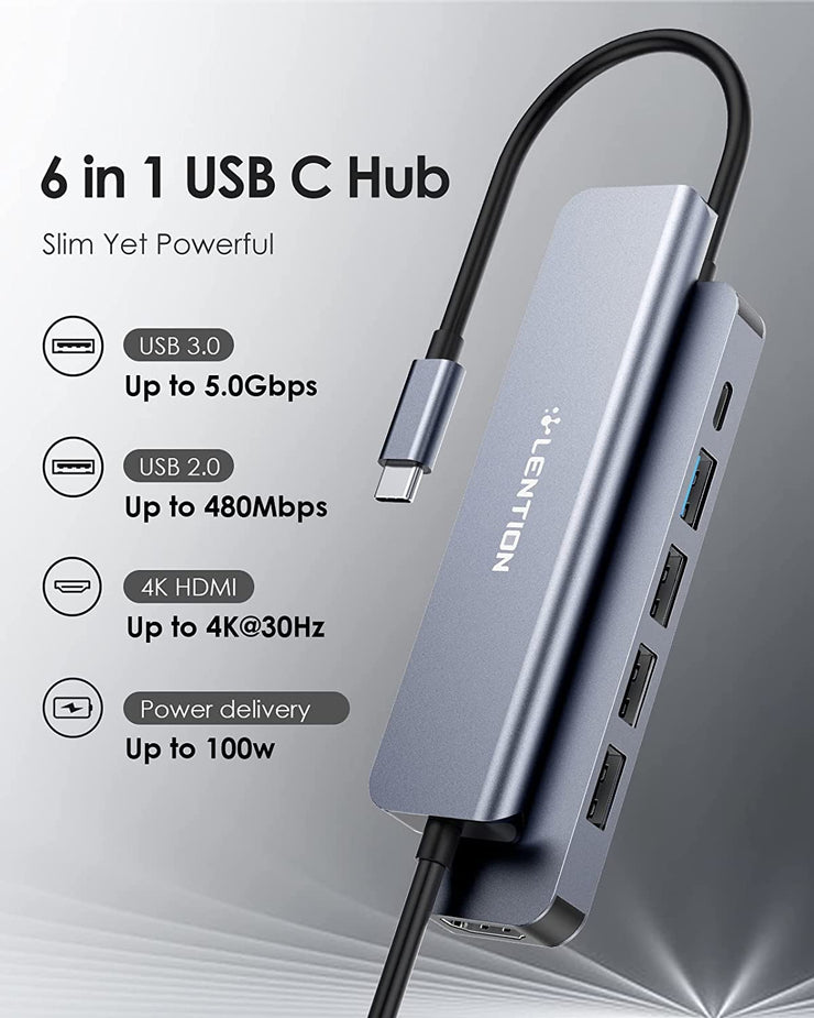 LENTION USB C Hub Multiport Adapter with 100W PD Charging, 4K HDMI, USB 3.0 & 2.0 (CB-CE17)