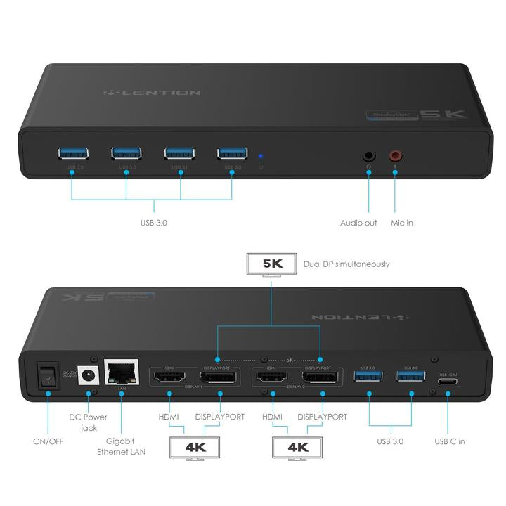 LENTION 5K USB C & USB A Docking Station with HDMI, DisplayPort Dual 4K Displays, Gigabit Ethernet, Audio Adapter, 6 USB 3.0 (D92)